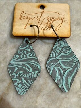 Keep It Gypsy Teal & Gray Textured Leather Dangle Earrings